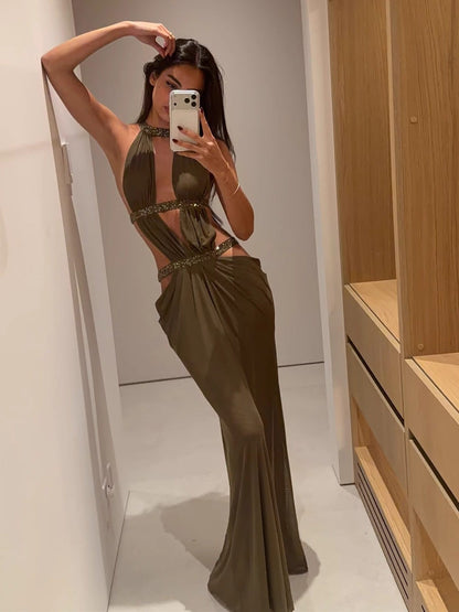 Sexy Hollow Out Rhinestone Halter Neck Dress