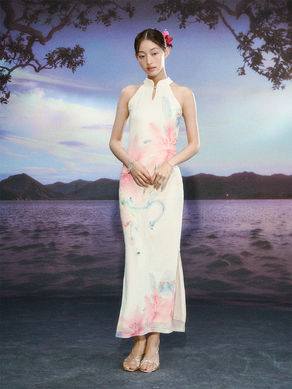 Gradient Lily Floral Cheongsam Dress