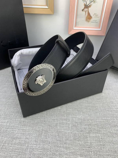Versace Black Leather Vitello Belt Silver Medallion Buckle