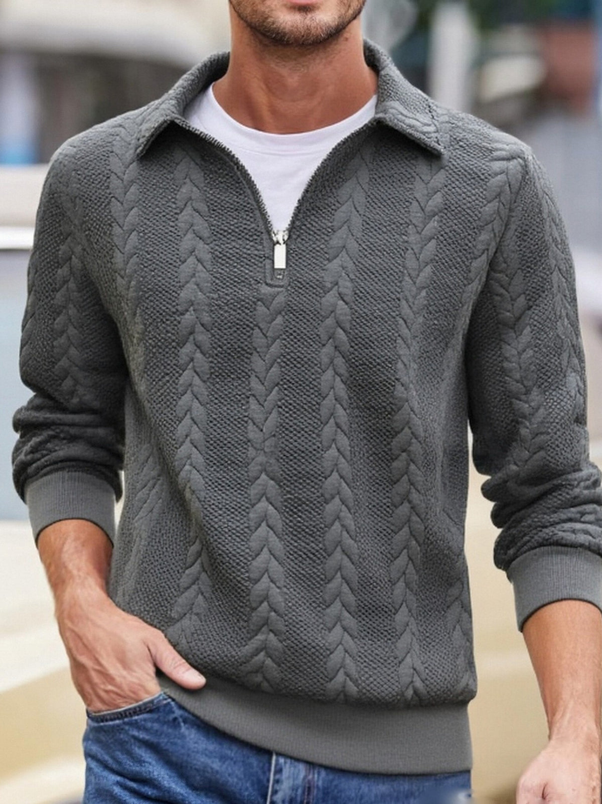 Mens Half Zip Jacquard Polo Shirt