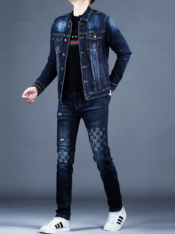 Slim-Fit Printed Denim Suit for Men