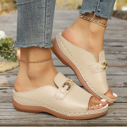 wedge-heeled thick-soled sandals with metal decoration, Roman-style peep-toe beach sandals