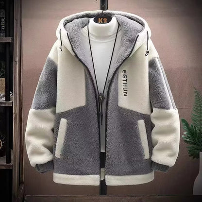 Winter Men Lamb Wool Hooded Jacket