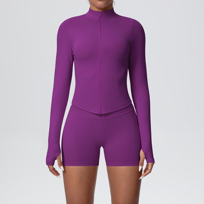 seamless solid color tight high elastic breathable zipper sports suit