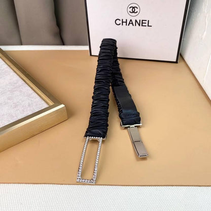 Chanel Logo Buckle Elastic Belt Leather with Metal and Crystals &