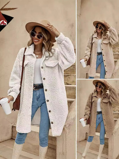 Womens Winter Plush Coat Open Front Lapel Long Coat