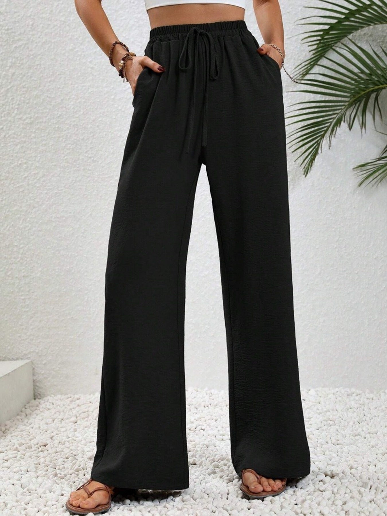 Casual Drawstring Wide Leg Pants: Black