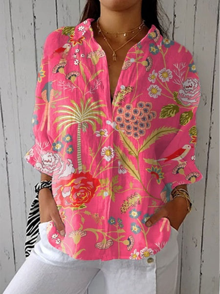 Floral Print Long Sleeve Womens Lapel Cardigan Shirt