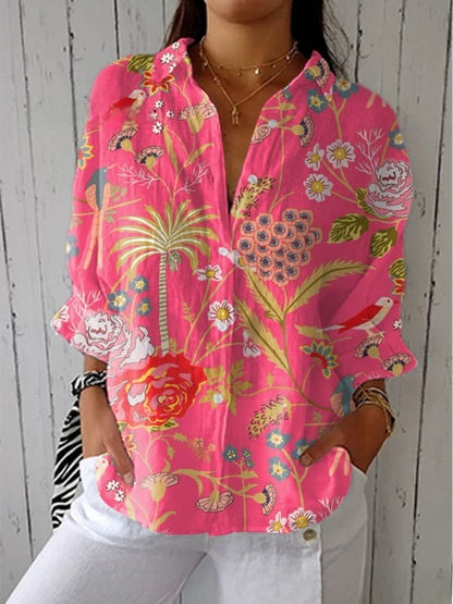 Floral Print Long Sleeve Womens Lapel Cardigan Shirt