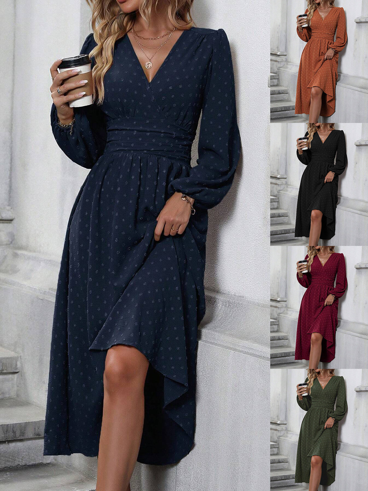 medium fur ball diagonal collar lantern sleeve pleated waist dress