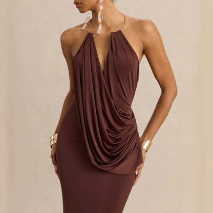 Womens Pleated Bodycon Dress with Ruffle Neck