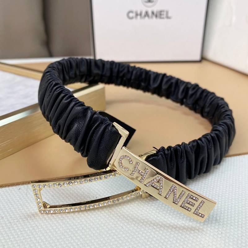 Chanel Logo Buckle Elastic Belt Leather with Metal and Crystals &