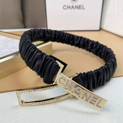 Chanel Logo Buckle Elastic Belt Leather with Metal and Crystals &