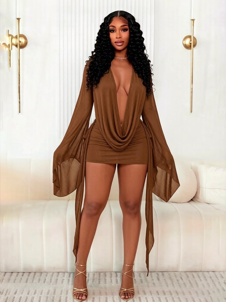 Womens Bell Sleeve Deep V Mesh Dress
