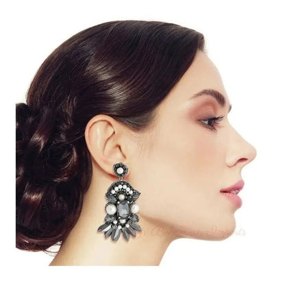 Embroidered Pearl &amp; Black Rhinestone Fan Tassel Drop Earrings