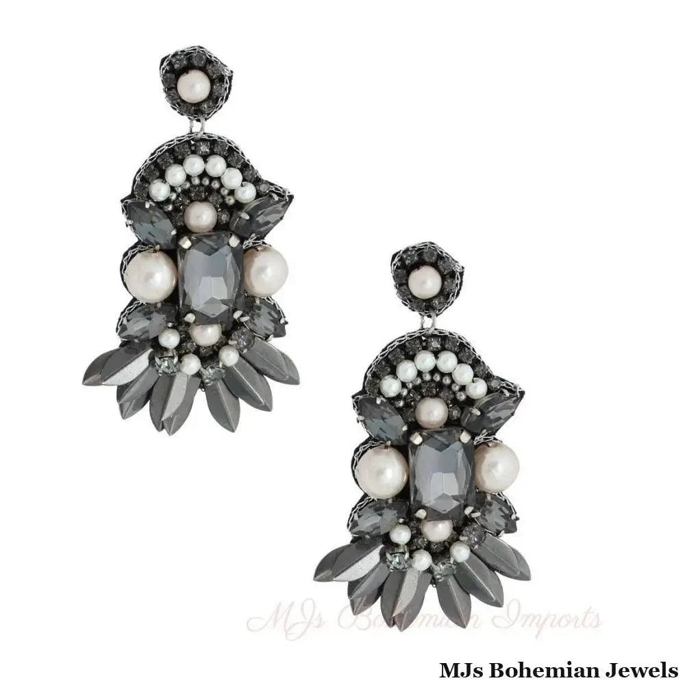 Embroidered Pearl &amp; Black Rhinestone Fan Tassel Drop Earrings