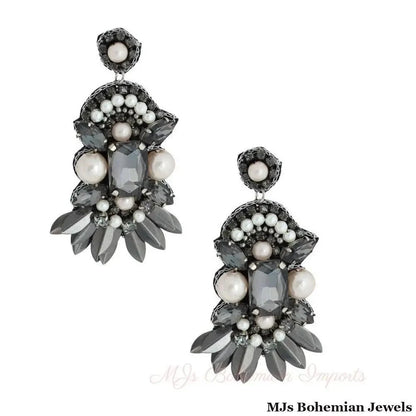 Embroidered Pearl &amp; Black Rhinestone Fan Tassel Drop Earrings