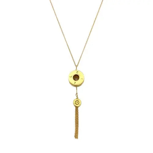 Ezra Bullet Tassel Necklace made of recycled brass with artisan craftsmanship and statement design.