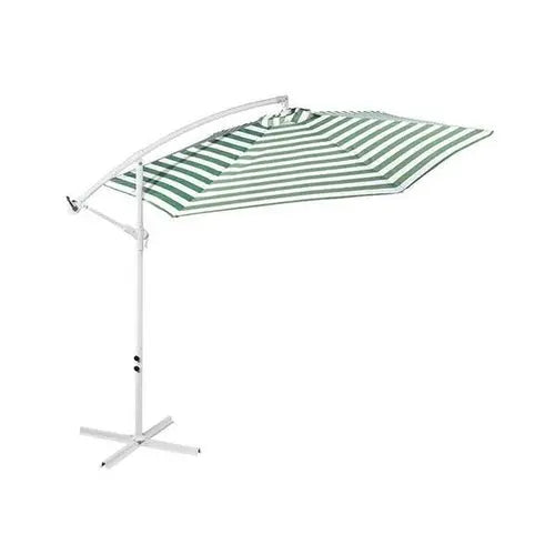 Ezra striped outdoor garden umbrella with green and white fabric, ideal for patio and outdoor shade.