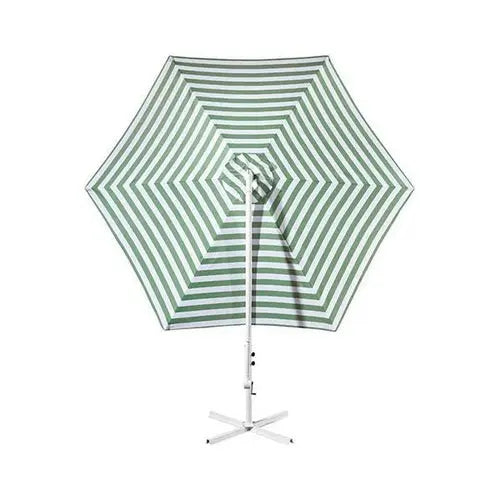 Green and white striped outdoor umbrella by Ezra for garden and patio, providing shade and style.