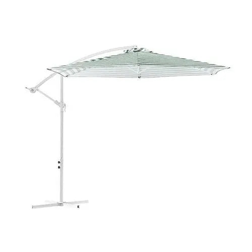 Ezra striped outdoor garden umbrella with green and white fabric, providing shade for patio and outdoor seating areas.