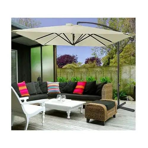 Ezra beige and grey Milano outdoor cantilever umbrella providing shade for garden and patio outdoor spaces.