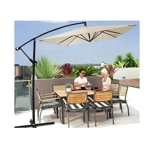 Ezra Milano outdoor cantilever umbrella in beige and grey providing garden patio shade and sun protection.
