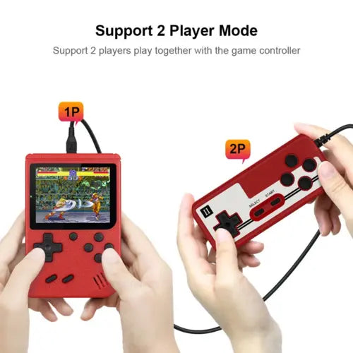 Black Ezra 3.0-inch retro portable mini handheld video game console with colorful buttons and screen display.