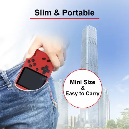 Black Ezra 3.0-inch retro portable mini handheld video game console with colorful buttons and screen display.