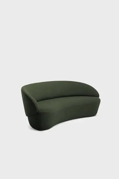 Ezra Naïve sofa in green velour fabric, two-seater with plush cushions and sleek modern design.