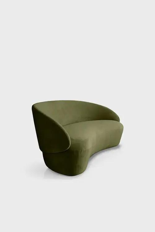 Ezra Naïve sofa in green velour fabric, two-seater with modern design and plush cushions, perfect for contemporary living rooms.