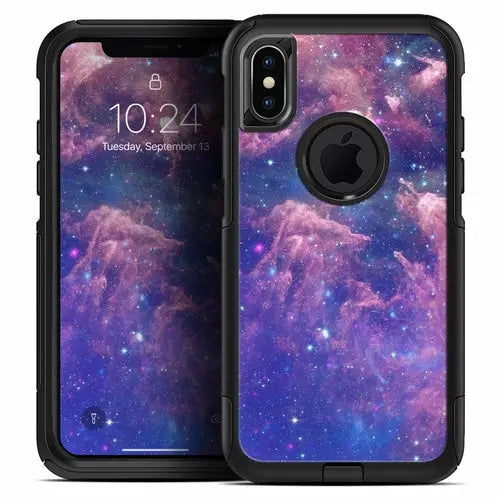 Colorful Nebula skin kit for iPhone XR OtterBox cases by Ezra, featuring vibrant, matte galaxy-inspired designs.