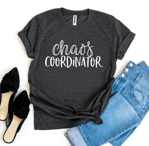 Navy Ezra Chaos Coordinator Tee, a premium graphic T-shirt featuring bold design and Ezra branding, displayed on a mannequin.