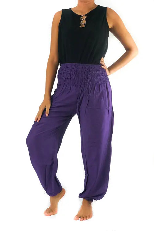 Ezra purple boho harem pants with a flowy design, perfect for yoga, festivals, and casual bohemian style.
