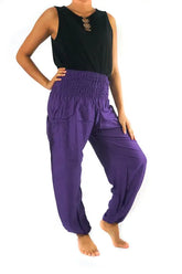 Ezra purple boho harem pants with flowy fabric, perfect for yoga, festivals, and casual wear, featuring a relaxed, stylish fit.