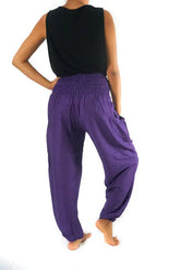 Ezra purple boho harem pants with flowy fabric, perfect for yoga, festivals, and casual boho style.