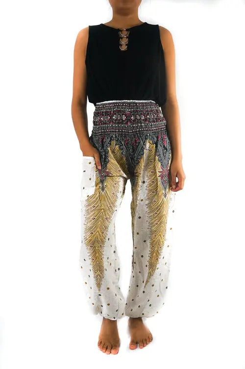 Ezra white peacock harem pants with boho style, featuring flowy fabric and relaxed fit, ideal for yoga and festival wear.