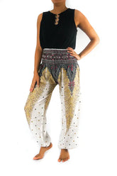 Ezra white peacock harem pants featuring boho style, perfect for yoga, festivals, and relaxed casual wear.