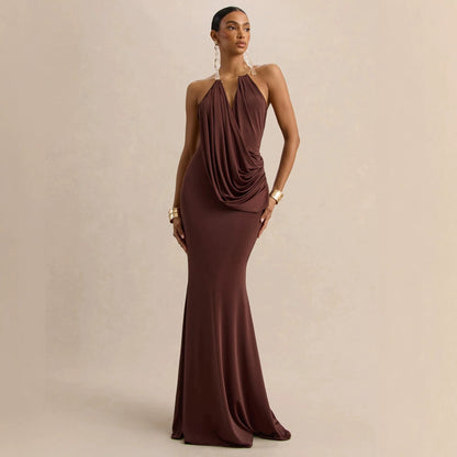 Womens Pleated Bodycon Dress with Ruffle Neck