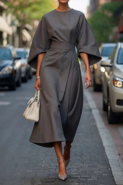 Womens Elegant Solid Color Waist-Cinching Batwing Sleeve Long Dress