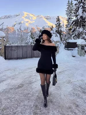 high temperament plush long sleeve off-shoulder autumn and winter backless Sexy Slim solid color hot girl hip skirt