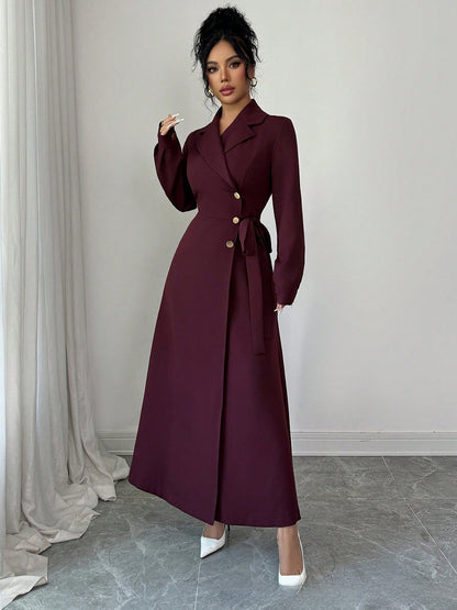 Womens Suit Collar Long Sleeve Waist Tie Dress
