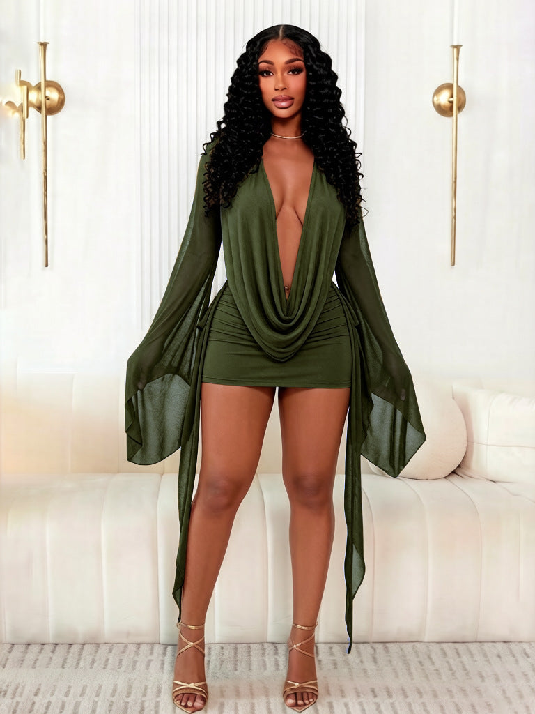 Womens Bell Sleeve Deep V Mesh Dress