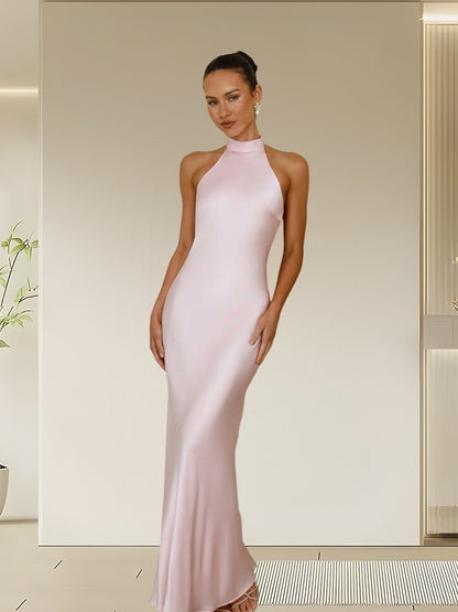 Halter Neck Satin Long Dress for Women