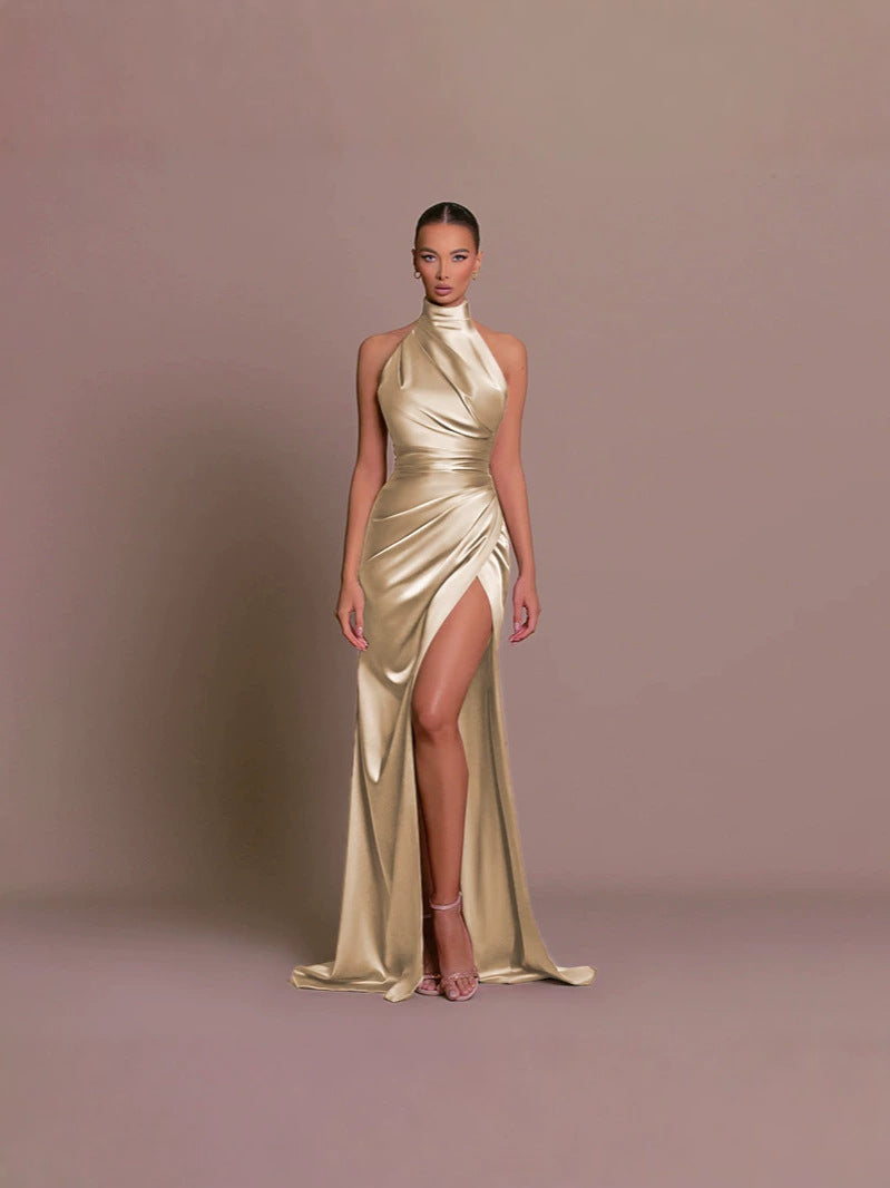 Neck-baring tight-fitting, waist-shrinking, slit-bottomed dress formal gown