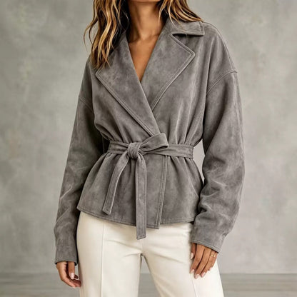 Lapel Suede Lace-Up Short Coat Loose Long Sleeve Jacket