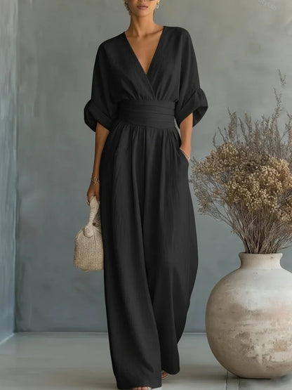 Elegant V Neck Waist Cinching Women Jumpsuit