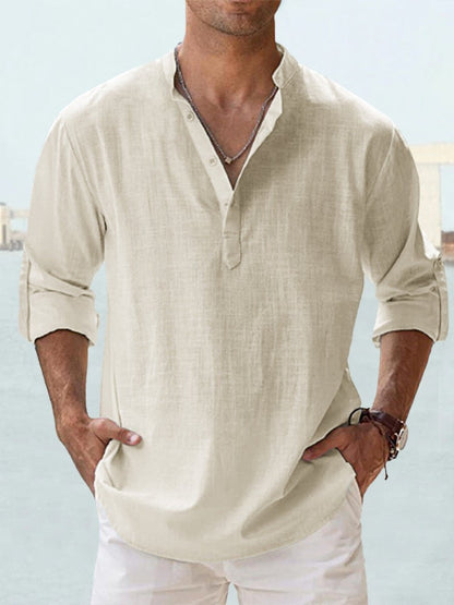 Mens Casual Stand Collar Long Sleeve Cotton Shirt