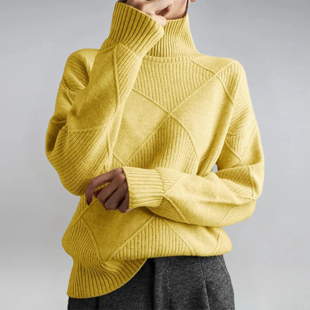 Womens High Neck Loose Fit Diamond Pattern Sweater