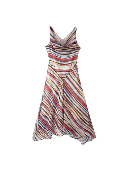 Retro Striped Spaghetti Strap Midi Dress
